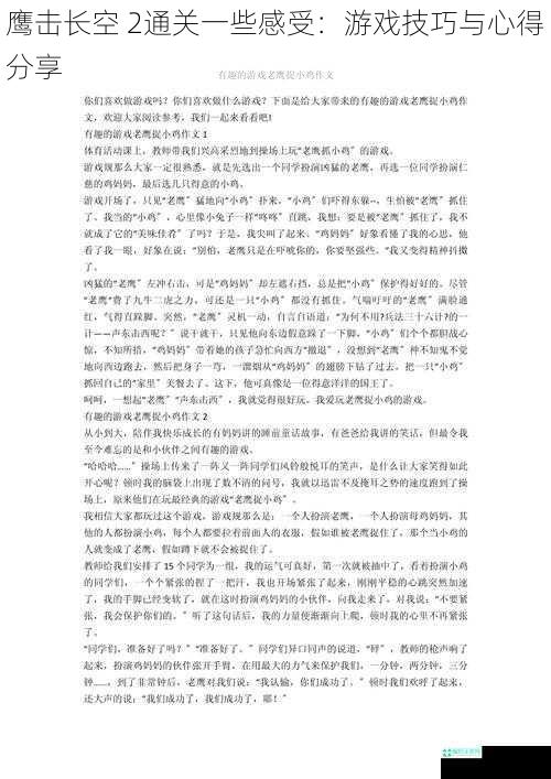 鹰击长空 2通关一些感受：游戏技巧与心得分享